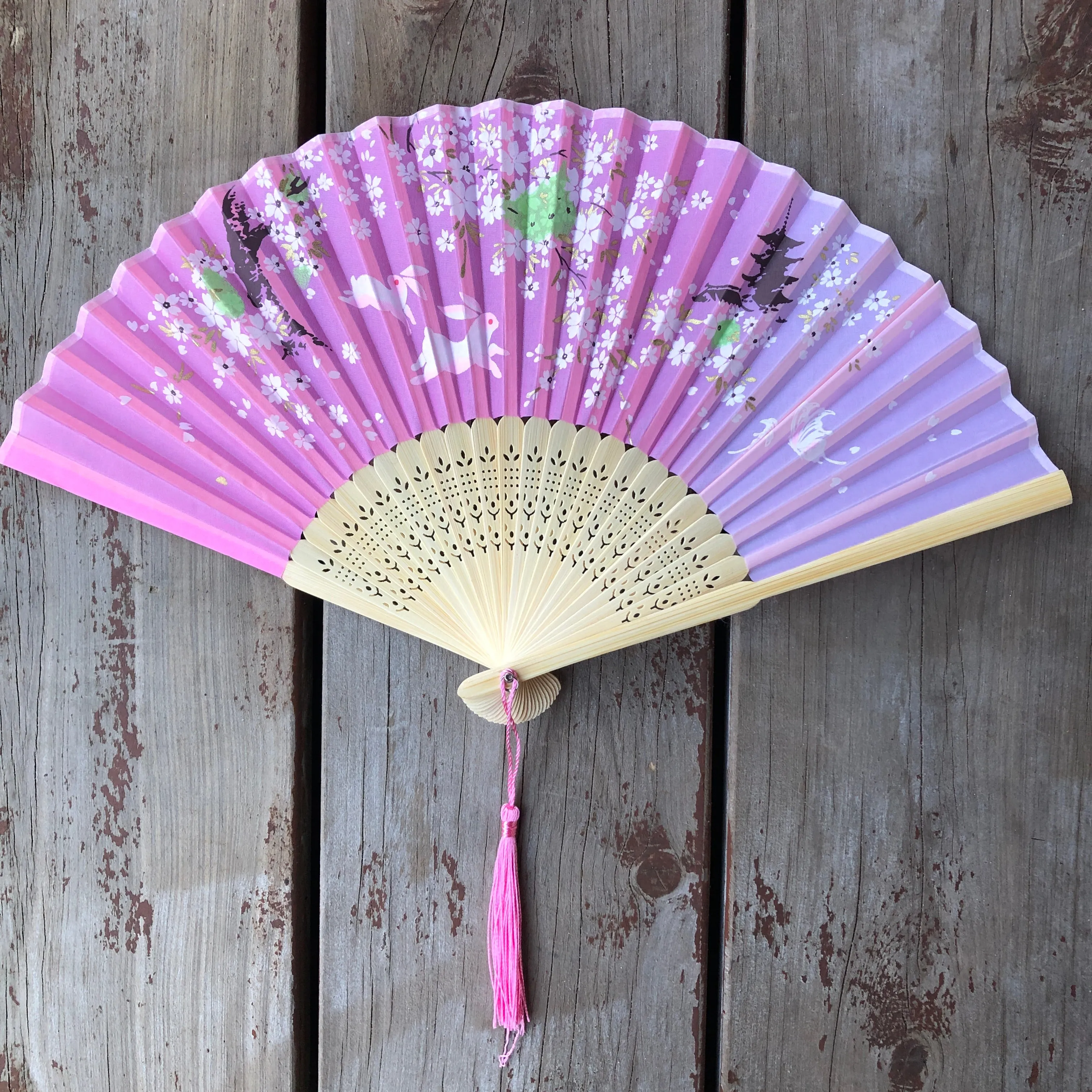 Luxury Bamboo Silk Fans - Rabbits, blossoms, pagodas