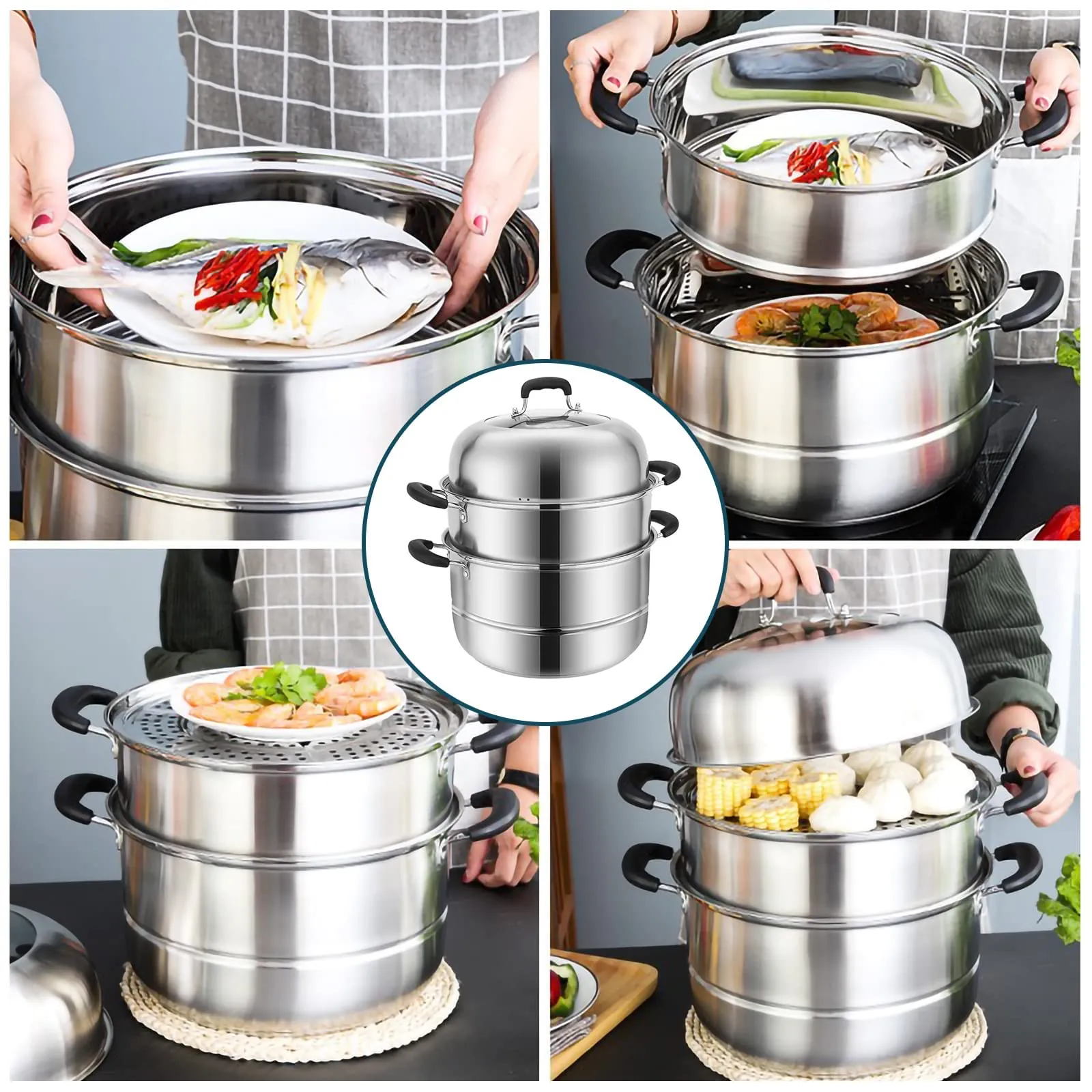 MANO Steamer Pot for Cooking 11.8 inch Steam Pots with Lid 2 tier Stainless Steel