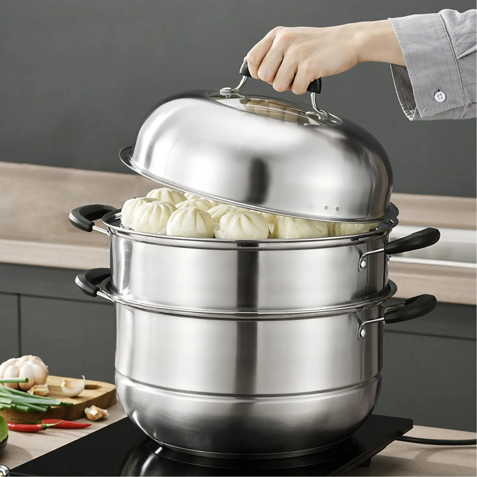 MANO Steamer Pot for Cooking 11.8 inch Steam Pots with Lid 2 tier Stainless Steel