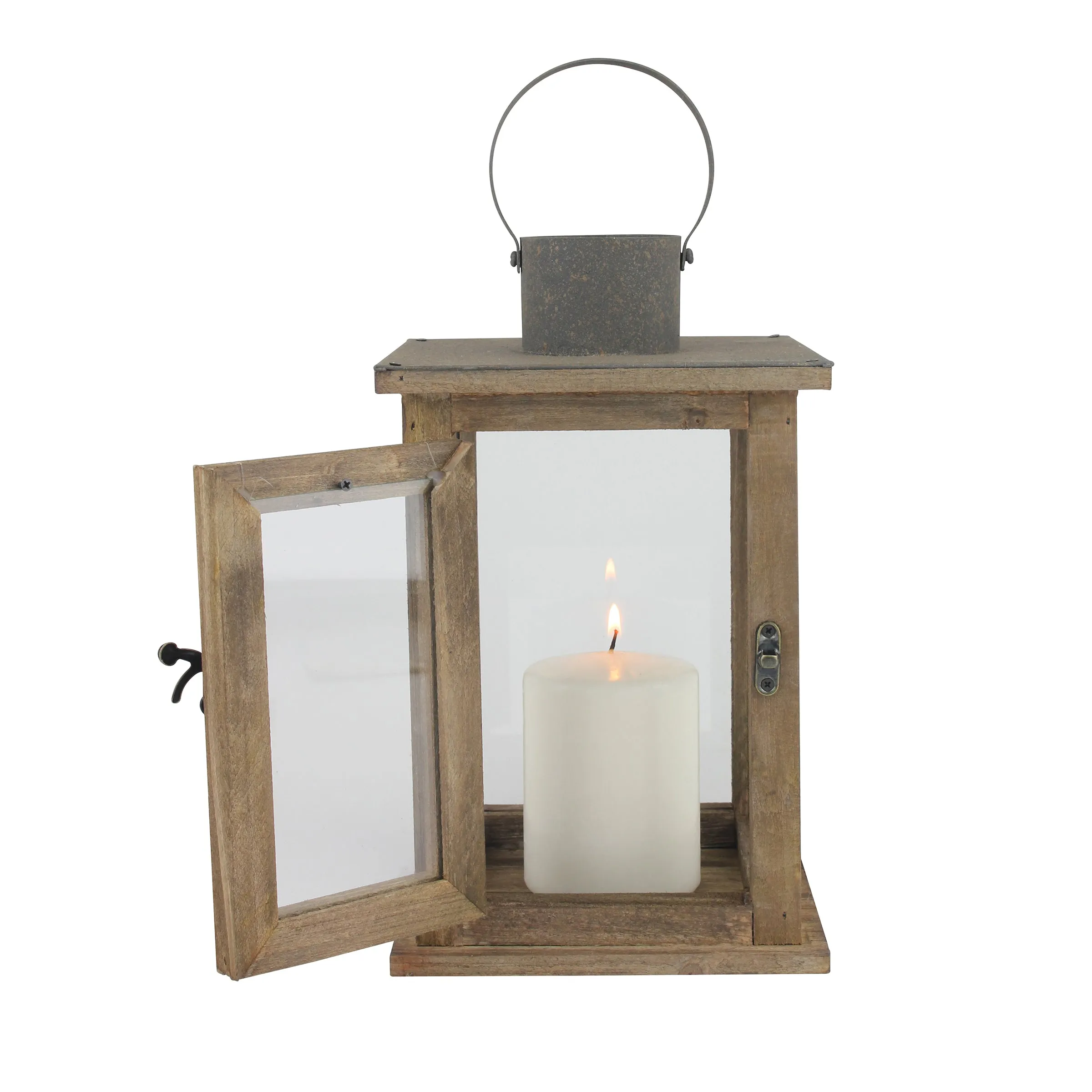 Medium Rustic Wood Lantern - 11 Inch Hurricane Candle Lantern (WS)