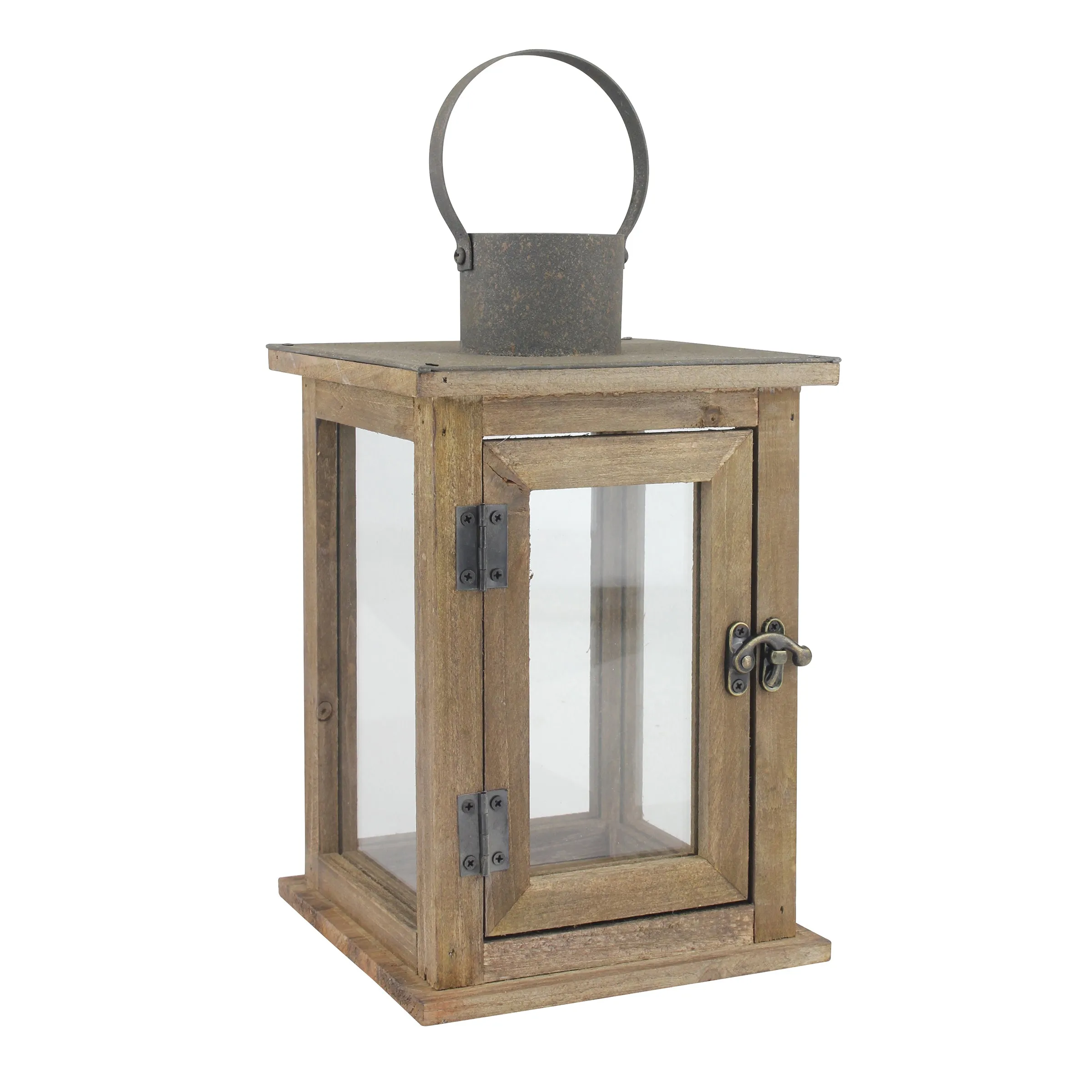 Medium Rustic Wood Lantern - 11 Inch Hurricane Candle Lantern