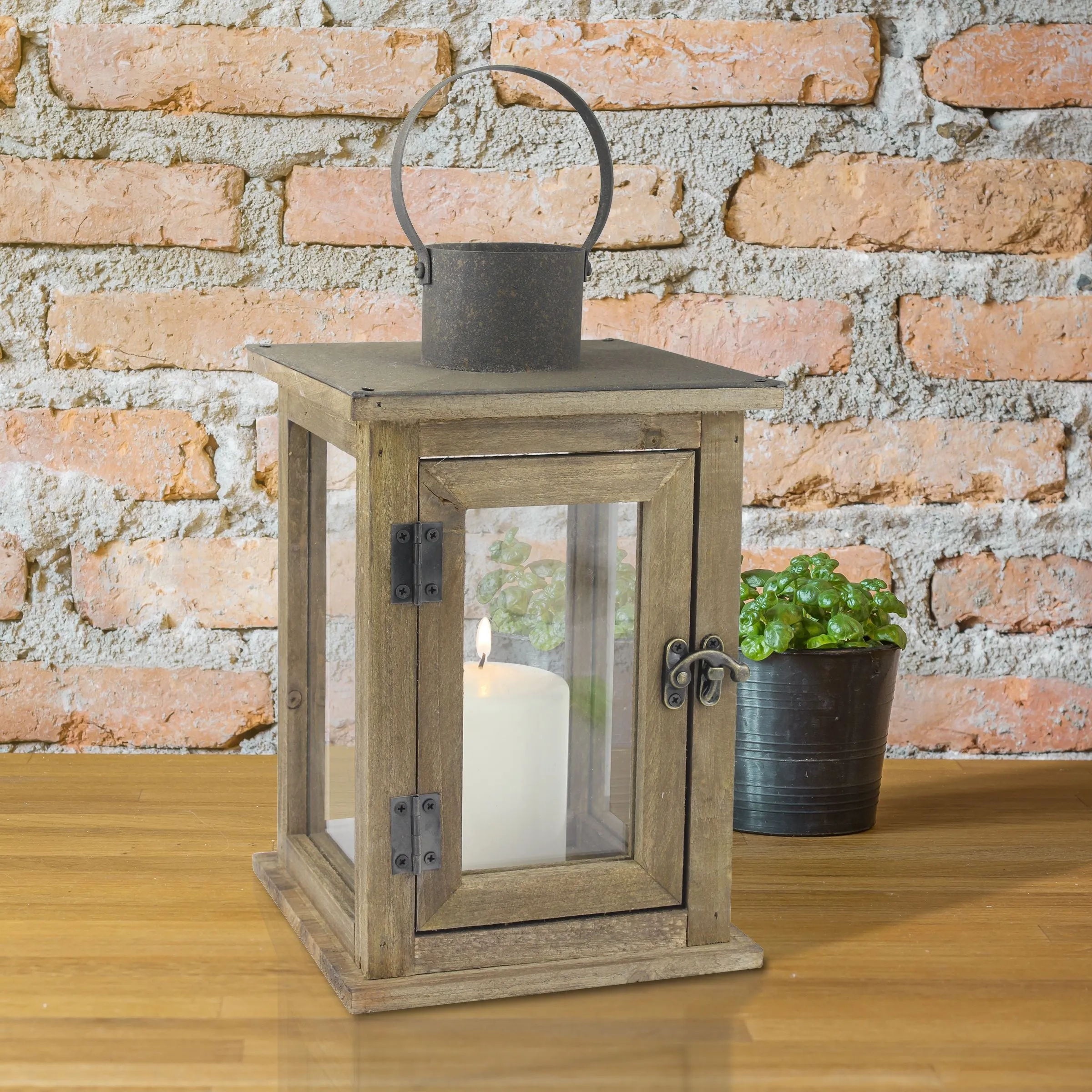 Medium Rustic Wood Lantern - 11 Inch Hurricane Candle Lantern