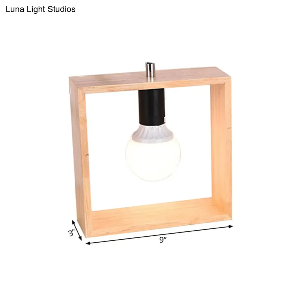 Minimalist Wood Table Lamp with Square Frame - Bedside Nightstand Light, Single Bulb Design