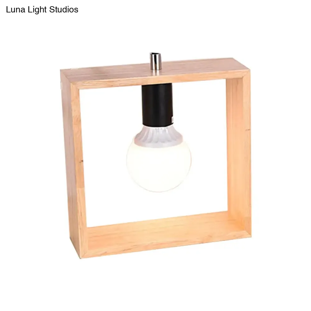 Minimalist Wood Table Lamp with Square Frame - Bedside Nightstand Light, Single Bulb Design