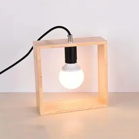 Minimalist Wood Table Lamp with Square Frame - Bedside Nightstand Light, Single Bulb Design