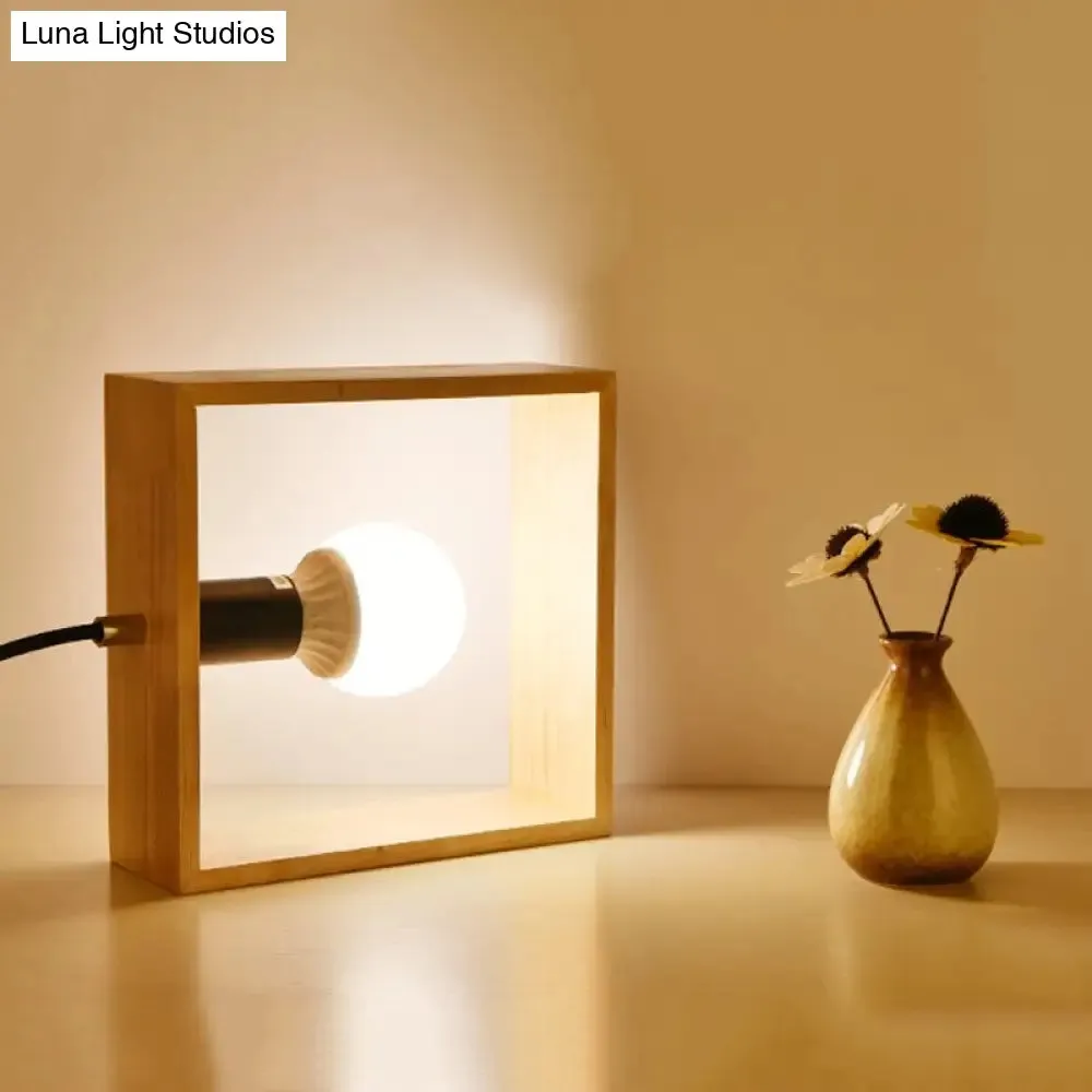 Minimalist Wood Table Lamp with Square Frame - Bedside Nightstand Light, Single Bulb Design