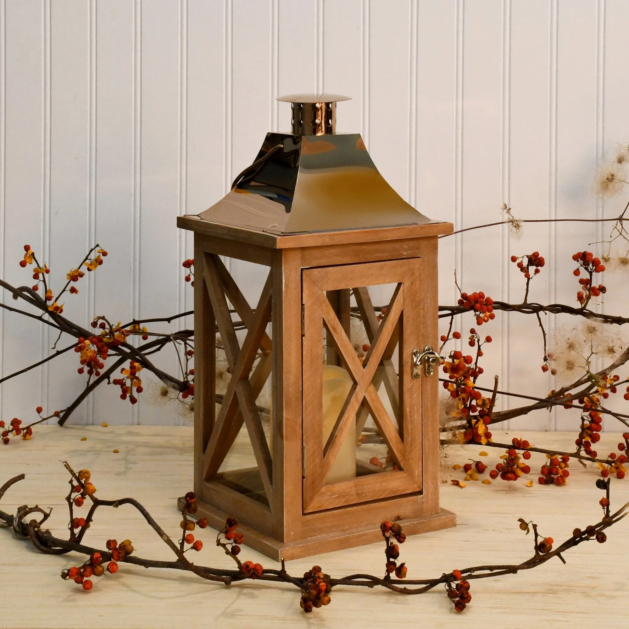 Natural Wooden Lantern with Copper Roof and LED Candle