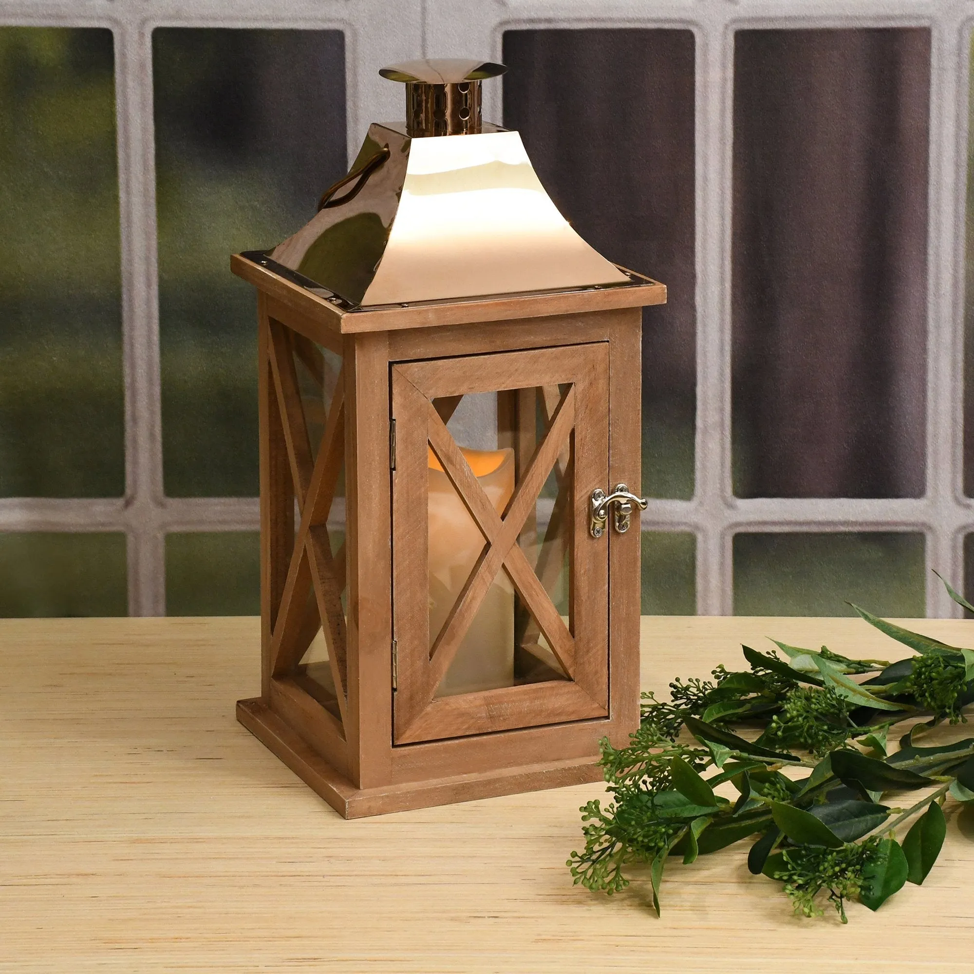 Natural Wooden Lantern with Copper Roof and LED Candle