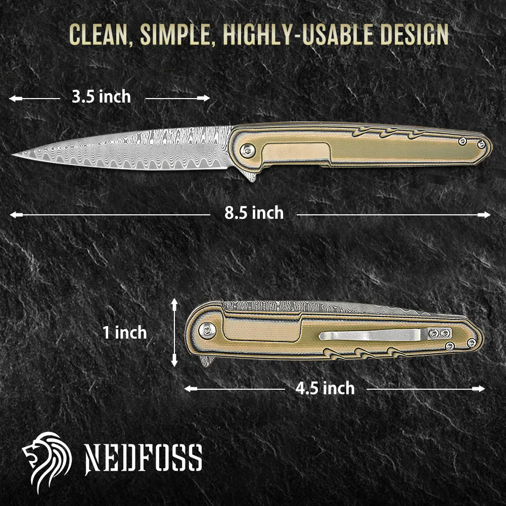 Nedfoss Dragonfly Damascus Pocket Knife, 3.5"Damascus Steel Blade Flipper with G10 Handle