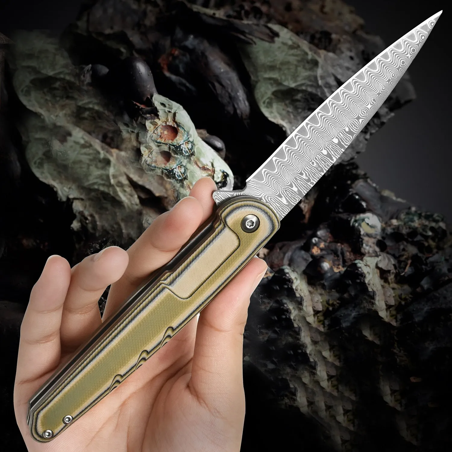 Nedfoss Dragonfly Damascus Pocket Knife, 3.5"Damascus Steel Blade Flipper with G10 Handle