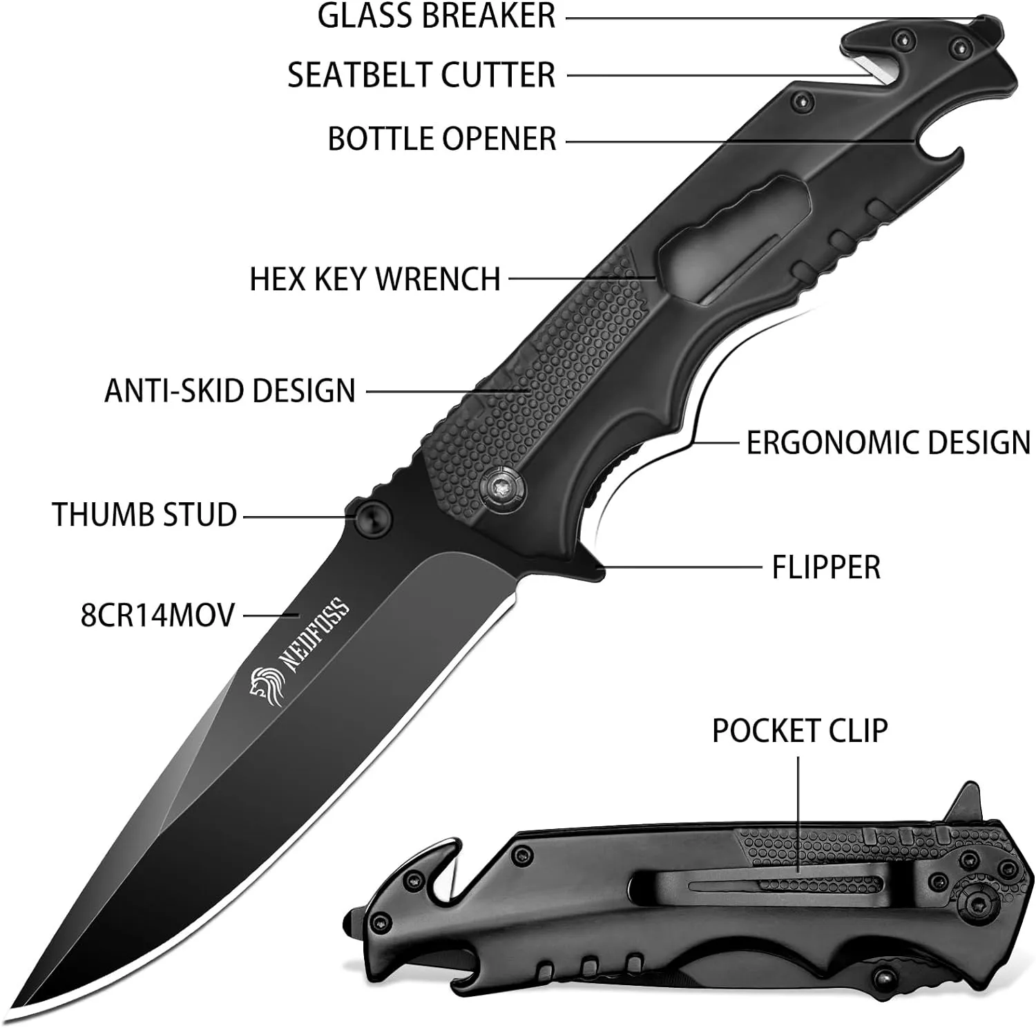 NedFoss FA48 5-in-1 Multitool Folding Knife with Bottle Opener, Glass Breaker, Seatbelt Cutter and Wrench