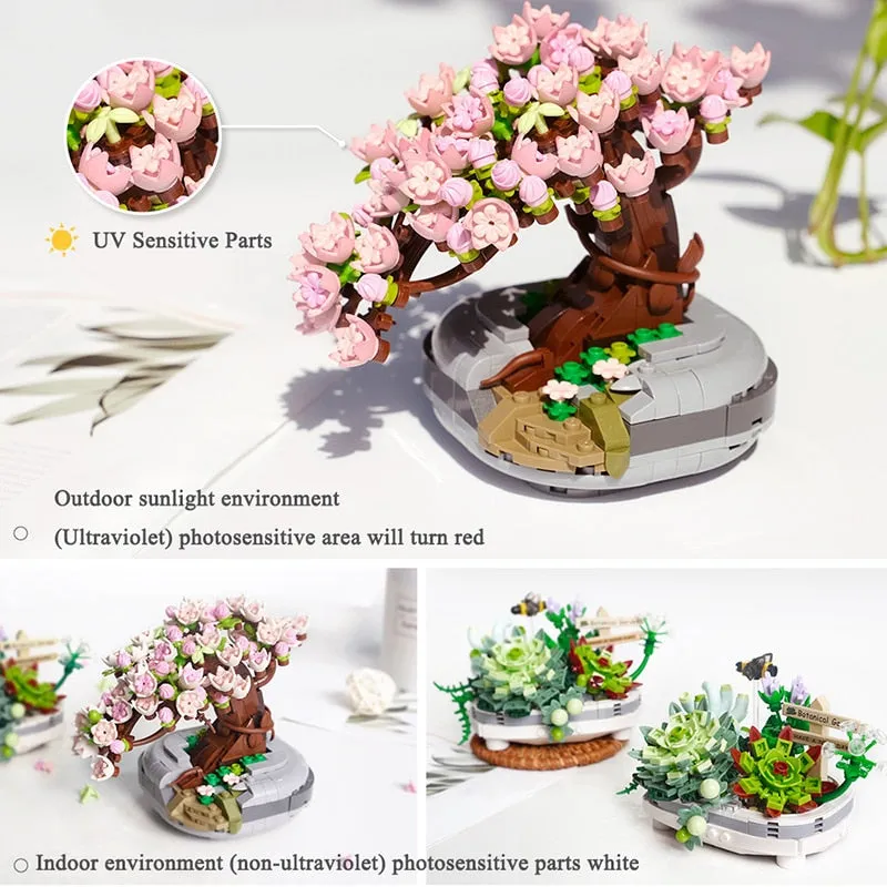 New Bouquet Potted Building Blocks Plant Cherry Tree Succulent Potted DIY Assembled Model Building Blocks Children's Toy Gift