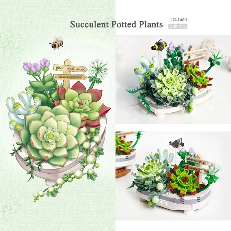 New Bouquet Potted Building Blocks Plant Cherry Tree Succulent Potted DIY Assembled Model Building Blocks Children's Toy Gift