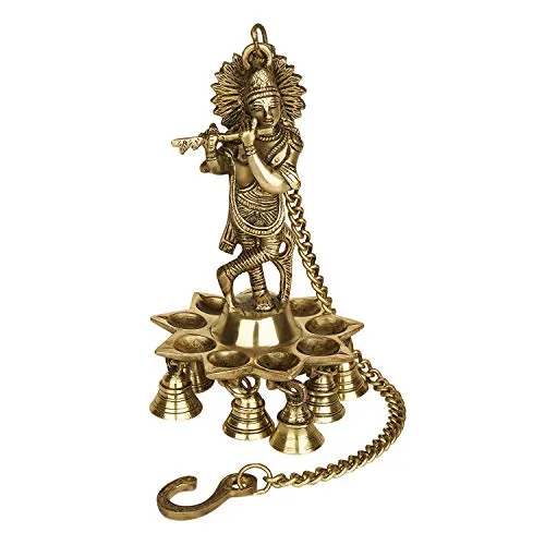 ONVAY Brass Wall Hanging Laddu Gopal Design Oil Lamp Diya with Bells (Gold_5 Inch X 5 Inch X 16 Inch)