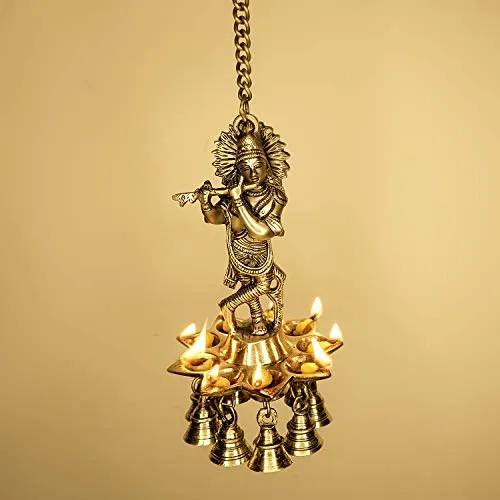 ONVAY Brass Wall Hanging Laddu Gopal Design Oil Lamp Diya with Bells (Gold_5 Inch X 5 Inch X 16 Inch)