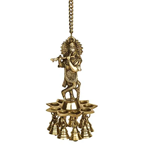 ONVAY Brass Wall Hanging Laddu Gopal Design Oil Lamp Diya with Bells (Gold_5 Inch X 5 Inch X 16 Inch)