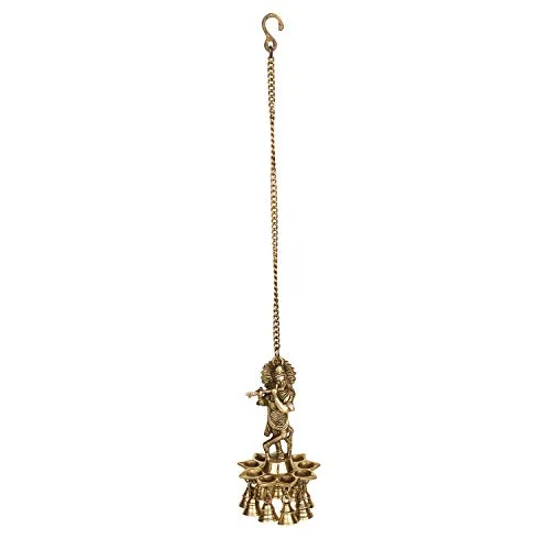 ONVAY Brass Wall Hanging Laddu Gopal Design Oil Lamp Diya with Bells (Gold_5 Inch X 5 Inch X 16 Inch)