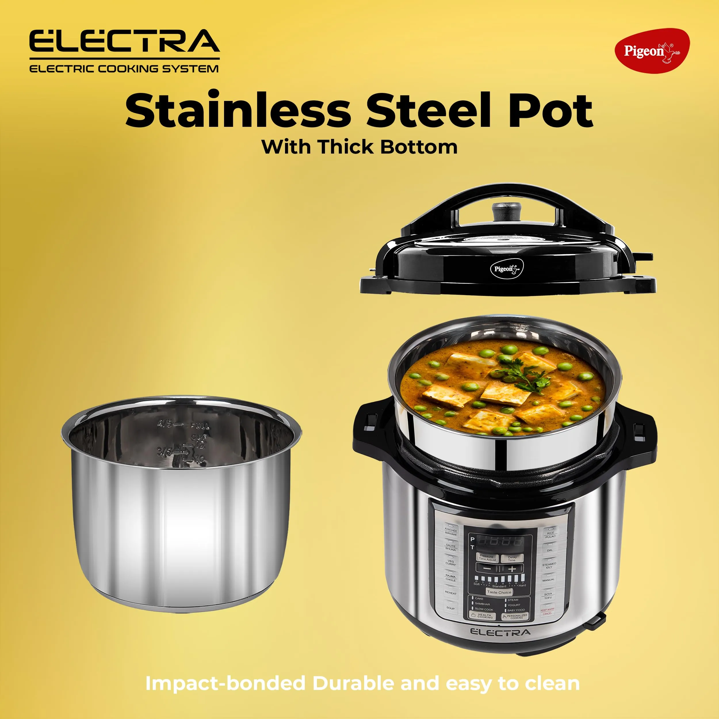 Pigeon By Stovekraft Electra Smart 3 Litre Electric Pressure Cooker with Digital Display | 18 Indian Preset Menu | Automatic Rice Cooker | Delay Timer & More (Stainless Steel)