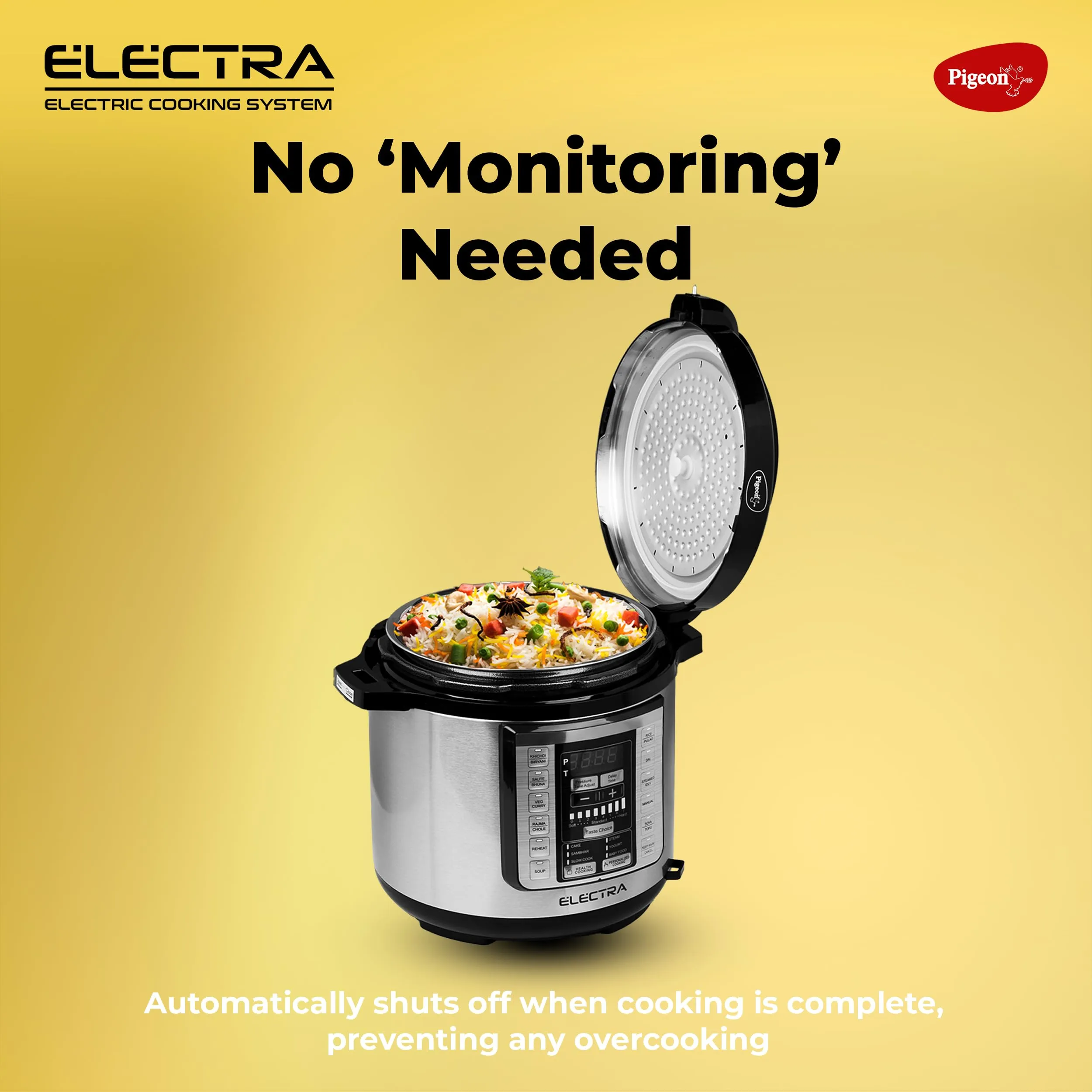 Pigeon By Stovekraft Electra Smart 3 Litre Electric Pressure Cooker with Digital Display | 18 Indian Preset Menu | Automatic Rice Cooker | Delay Timer & More (Stainless Steel)