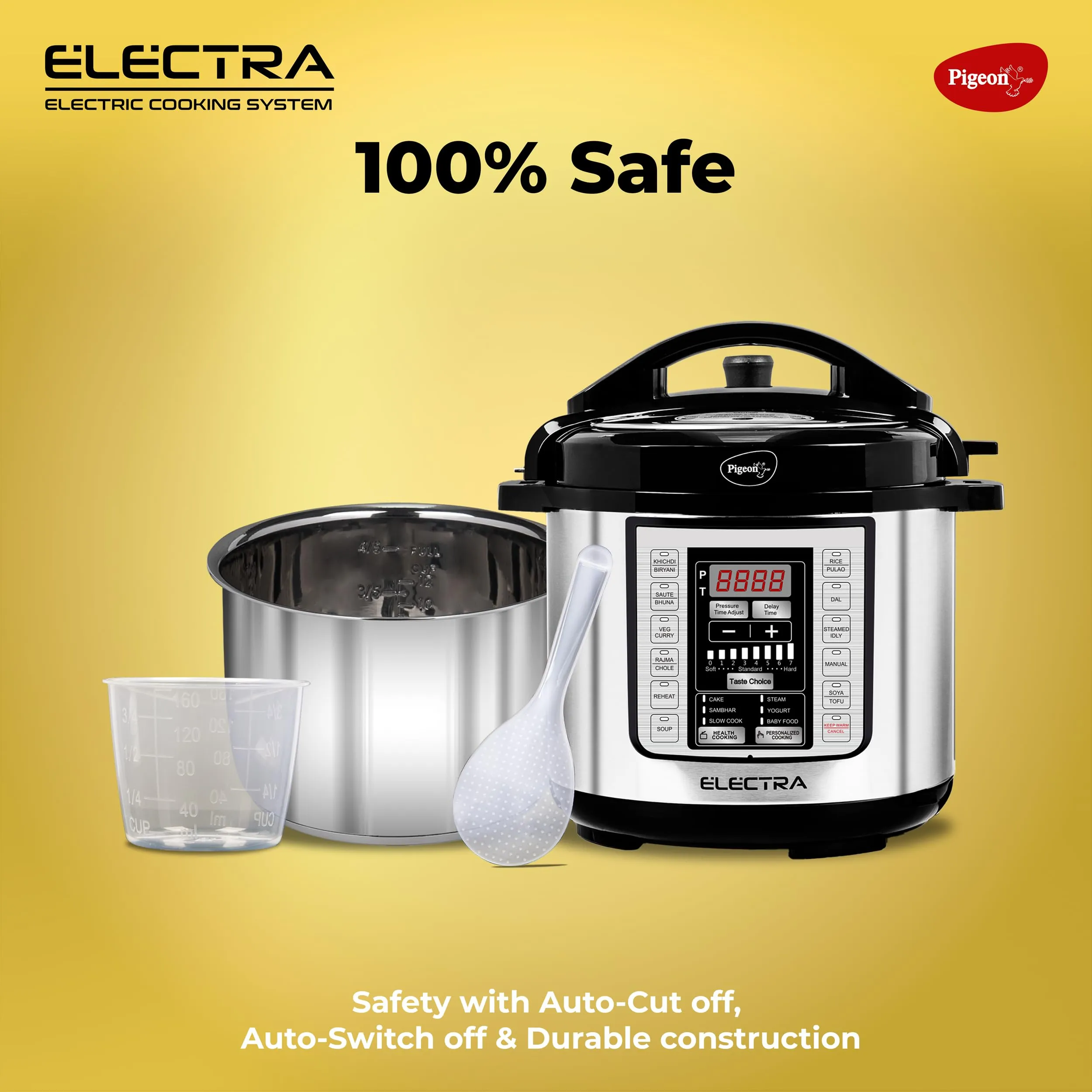 Pigeon By Stovekraft Electra Smart 3 Litre Electric Pressure Cooker with Digital Display | 18 Indian Preset Menu | Automatic Rice Cooker | Delay Timer & More (Stainless Steel)