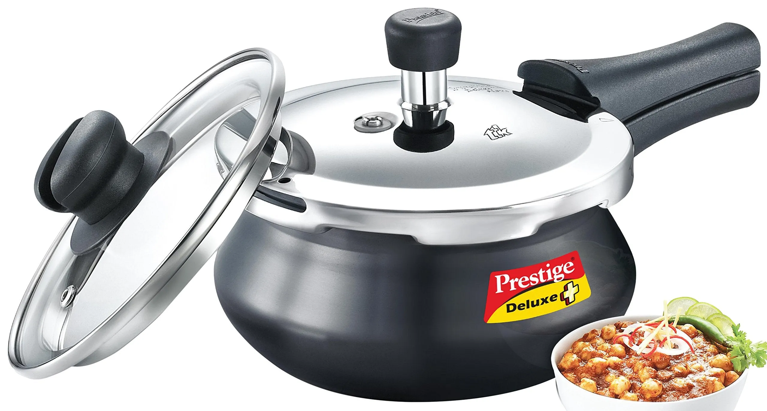 Prestige Deluxe Duo Plus Induction Base Aluminum Outer Lid Pressure Cooker, 1.5 Liters, Black