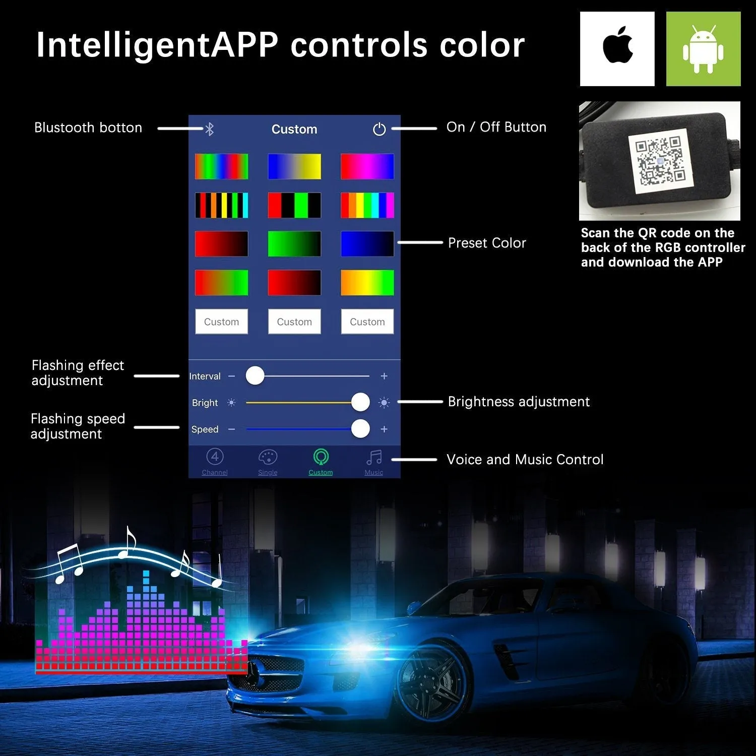 RGB LED Headlight Bulbs Conversion Kit Control by Bluetooth Smartphone App