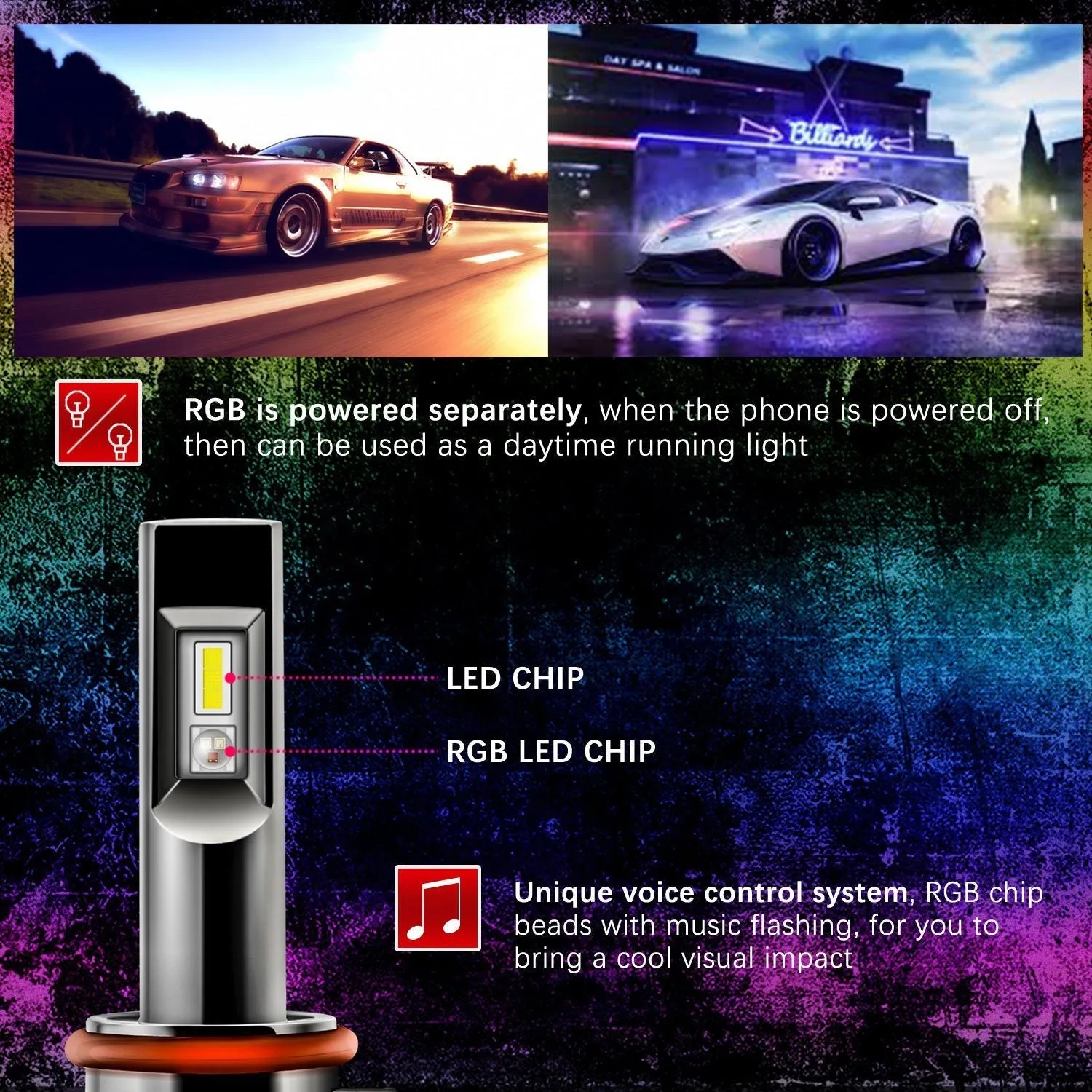 RGB LED Headlight Bulbs Conversion Kit Control by Bluetooth Smartphone App