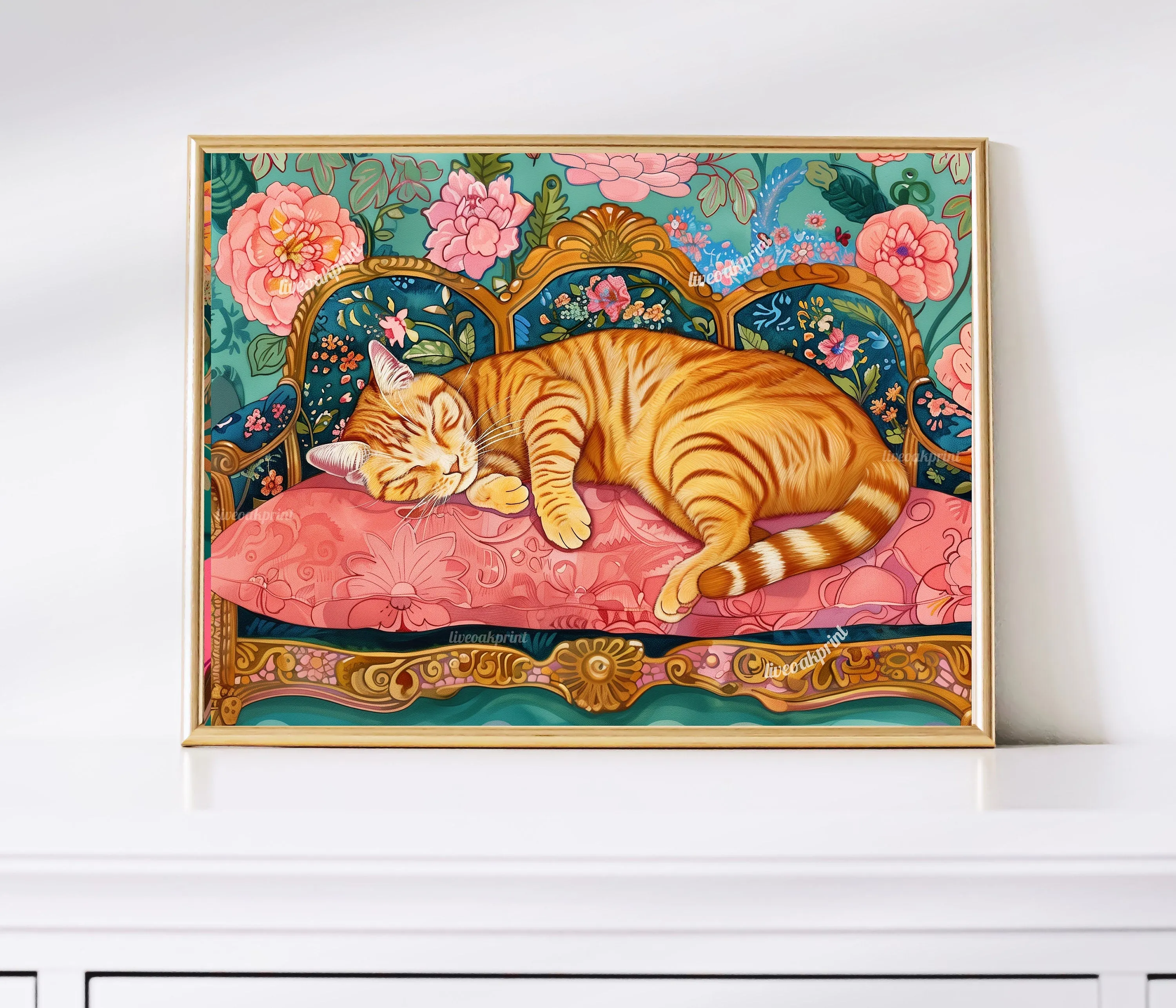 Sleeping Ginger Cat - Cat Bedroom Print - Maximalist Wall Art -  Cat Living Room Print -  Vintage Wall Art - Grandmillenial Style