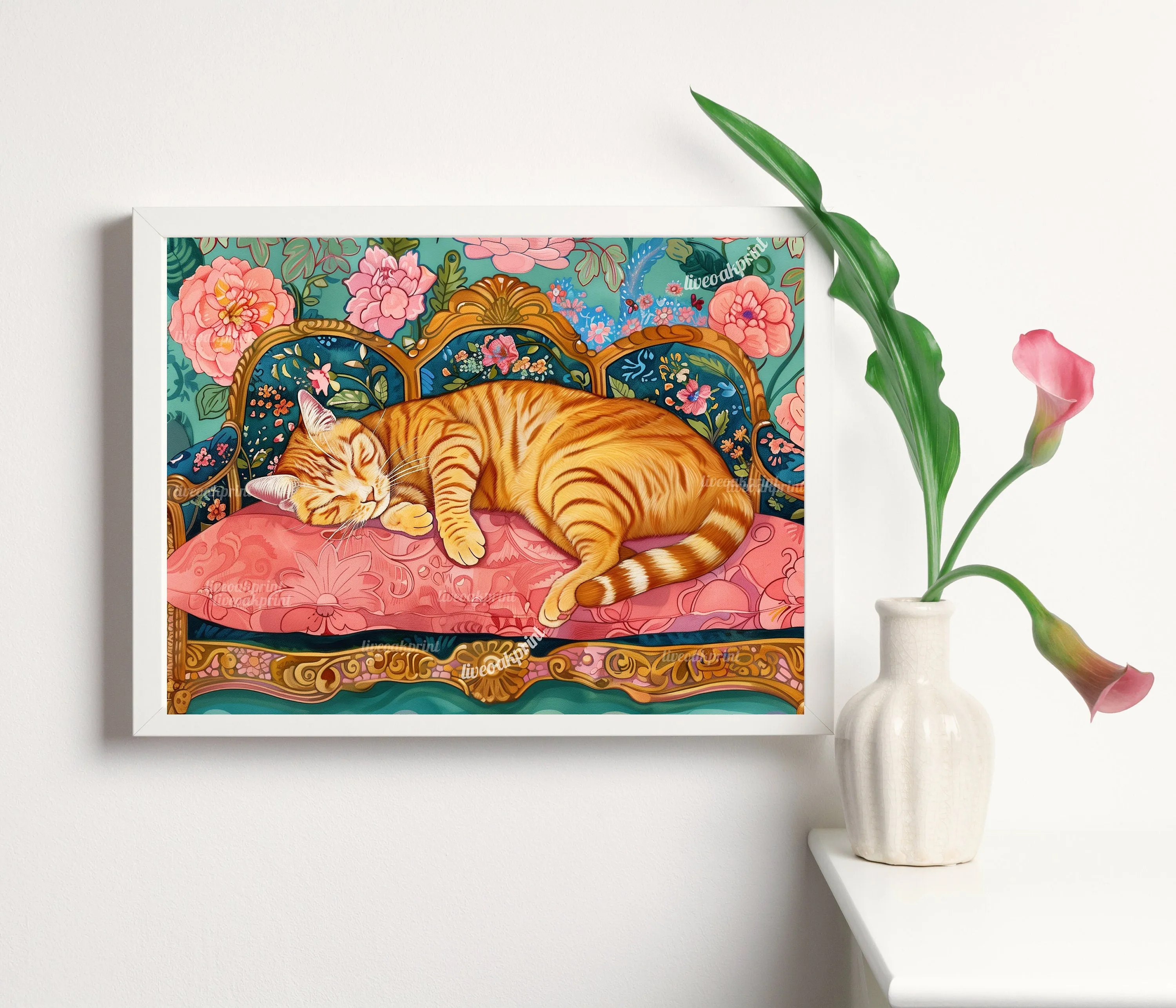 Sleeping Ginger Cat - Cat Bedroom Print - Maximalist Wall Art -  Cat Living Room Print -  Vintage Wall Art - Grandmillenial Style