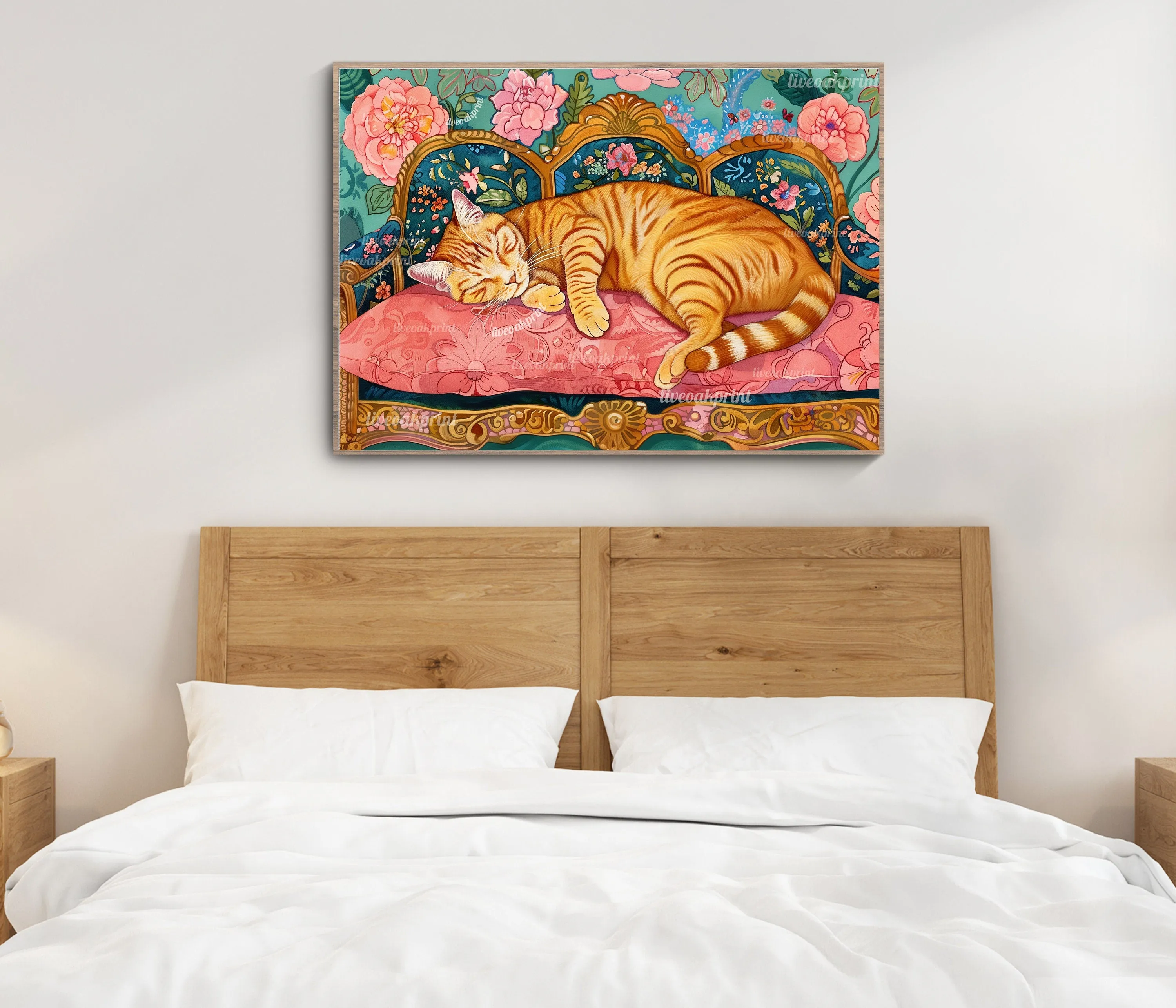 Sleeping Ginger Cat - Cat Bedroom Print - Maximalist Wall Art -  Cat Living Room Print -  Vintage Wall Art - Grandmillenial Style