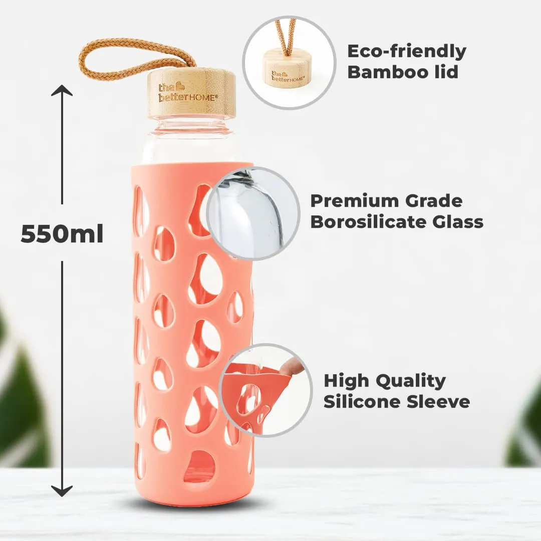 The Better Home Borosilicate Glass Water Bottle with Sleeve (550ml) | Non Slip Silicon Sleeve & Bamboo Lid | Aesthetic Bottle | Water Bottles For Fridge Office men Women (Coral (2Pcs))