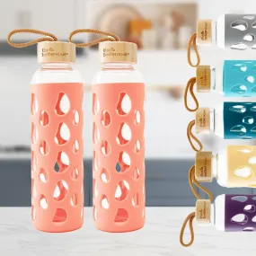 The Better Home Borosilicate Glass Water Bottle with Sleeve (550ml) | Non Slip Silicon Sleeve & Bamboo Lid | Aesthetic Bottle | Water Bottles For Fridge Office men Women (Coral (2Pcs))