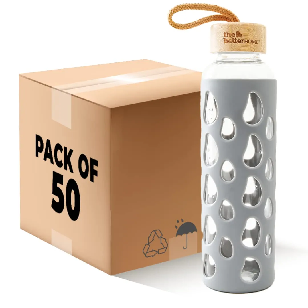 The Better Home Borosilicate Glass Water Bottle with Sleeve (550ml) | Non Slip Silicon Sleeve & Bamboo Lid | Water Bottles for Fridge | Grey (Pack of 50)