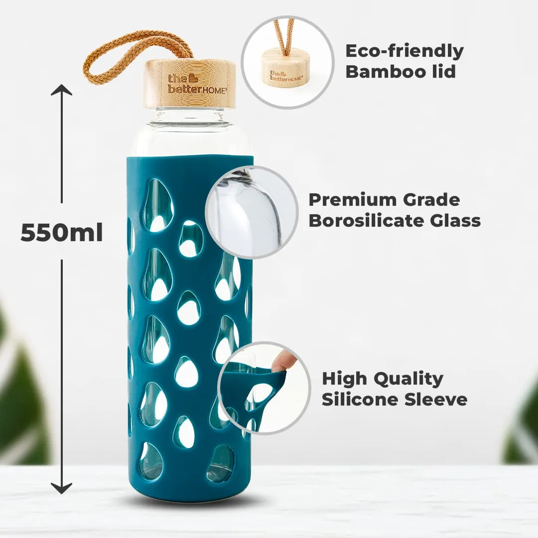 The Better Home Borosilicate Glass Water Bottle with Sleeve (550ml) | Non Slip Silicon Sleeve & Bamboo Lid | Water Bottles for Fridge (Pack of 3)