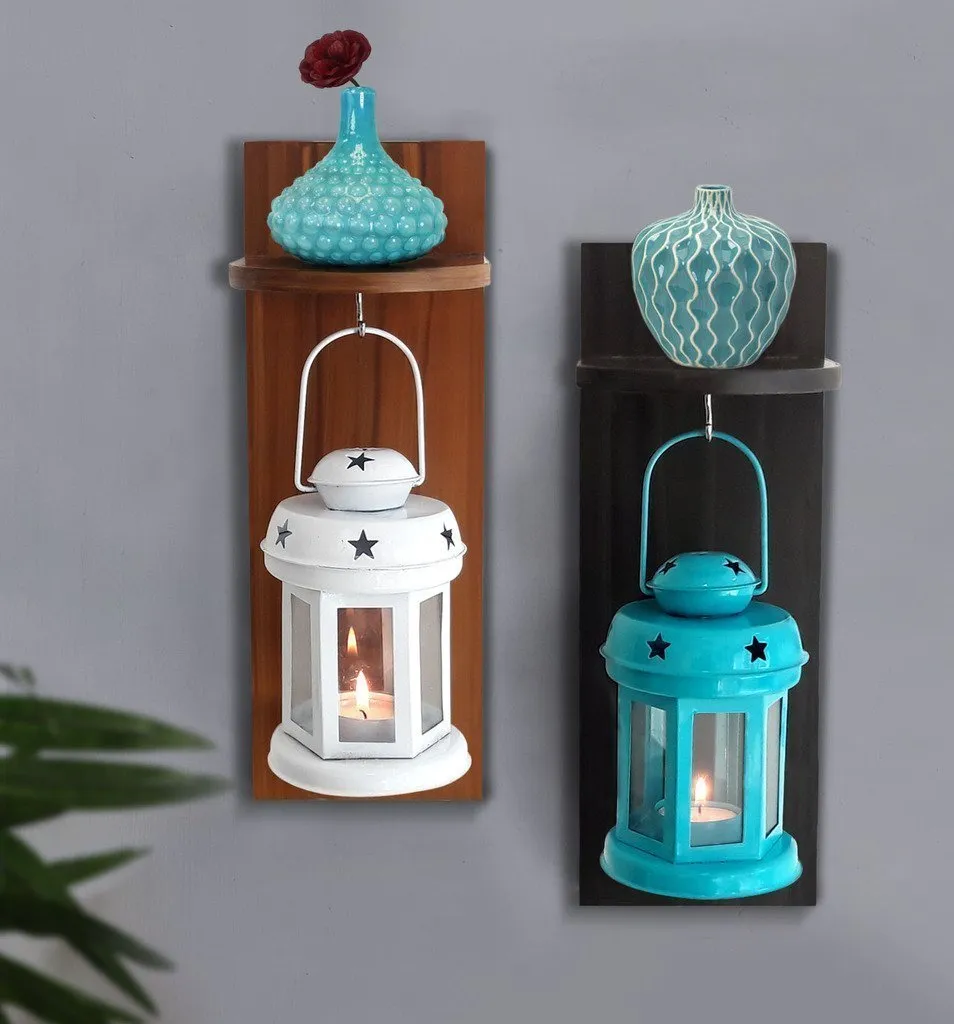 Tied Ribbons Lantern Candle Holder with Wooden Shelve Set of 2 (Multicolour)