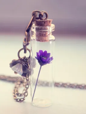 Tiny dried daisy flower bottle pendant necklace