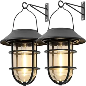 Upgrade Solar Outdoor Lights, Hanging Wireless Solar Lantern, Waterproof Solar Lights with Wall Mount Kit for Garden Patio Porch Fence Decor 2 Pack