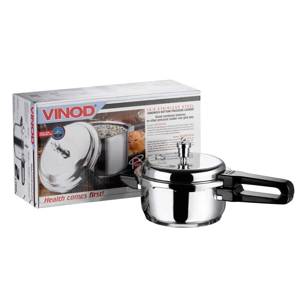 Vinod Cookware Induction Friendly Sandwich Bottom Pressure Cooker with Lid, 3-Pieces, 3 Liters, 3-Pieces, Silver