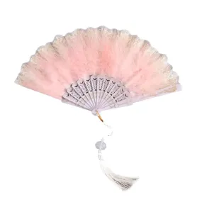 Vintage Japanese Chinese Gold Edge Folding Fan - Pink Feathers