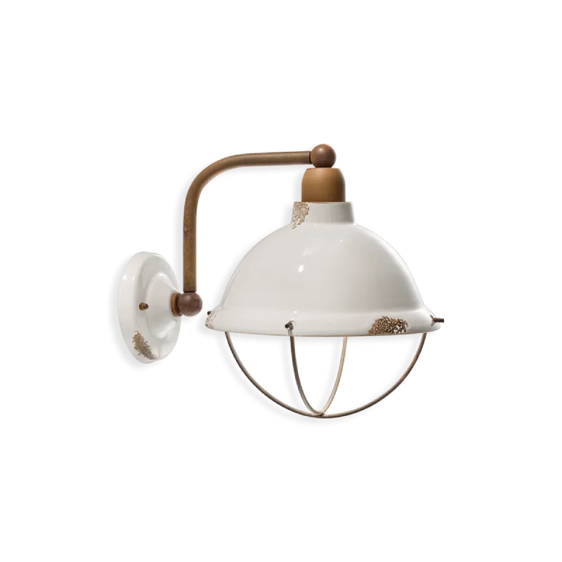 Vintage White and Rust Metal Dome Wall Light